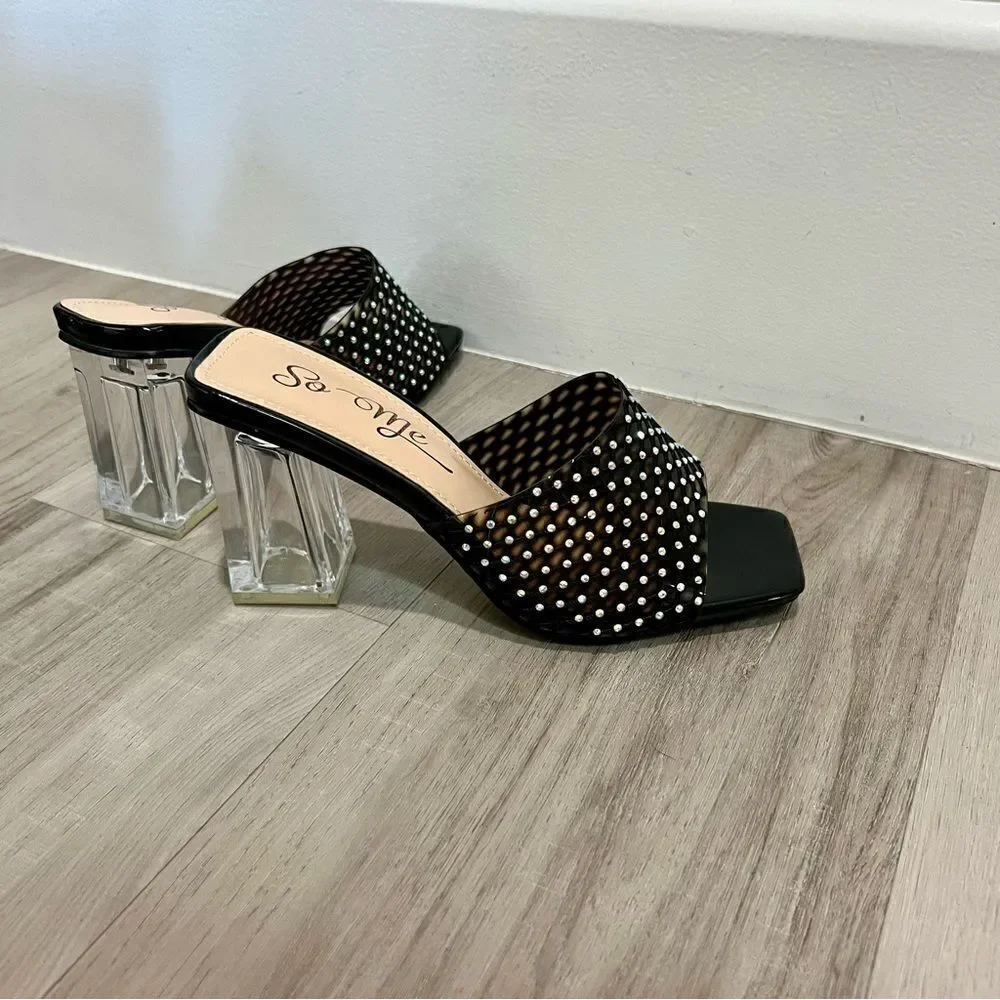 So me rhinestone black netted mule heels with clear chunky block heel sz 7 NWT